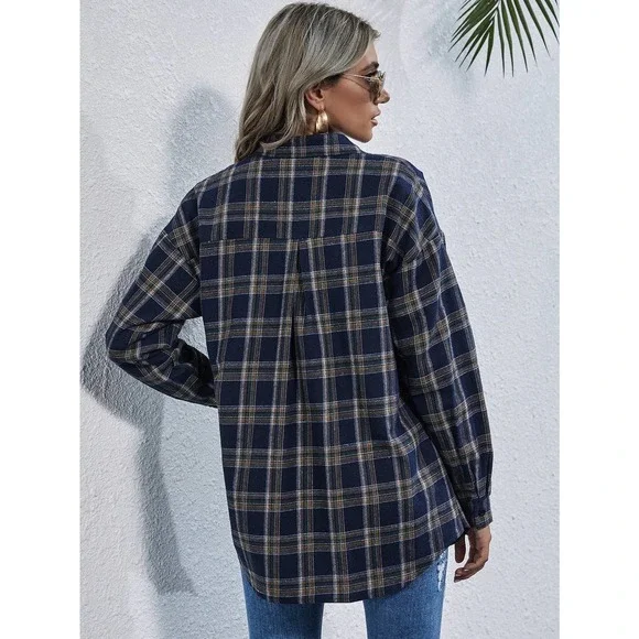 Preppy oversized Plaid print long sleeve button up Shirt - Picture 2 of 11